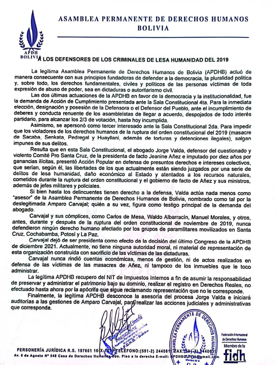 APDHB auditará las gestiones de Amparo Carvajal