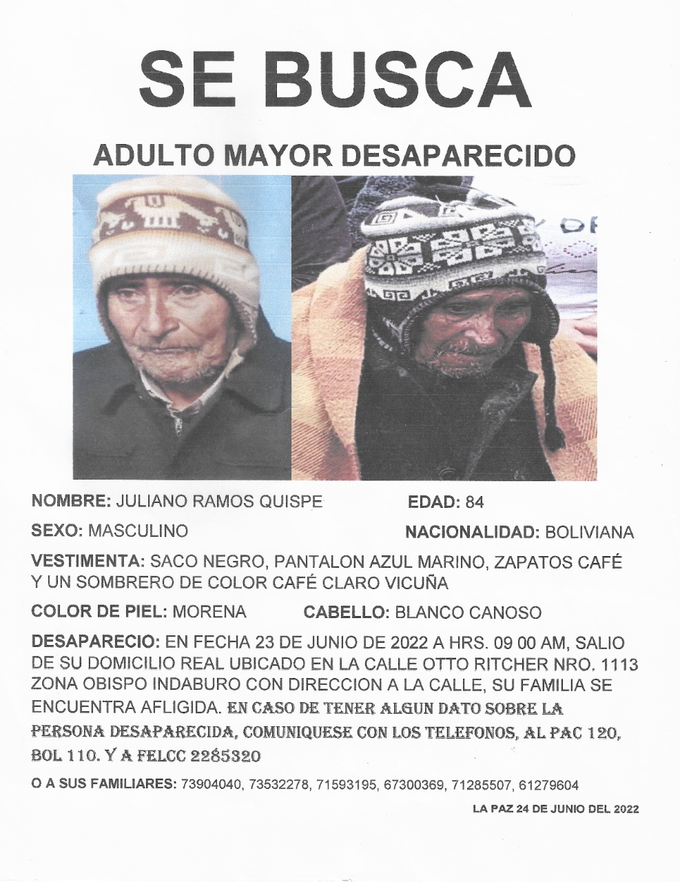 Justicia apoya en la búsqueda de un adulto mayor desaparecido hace 50 días