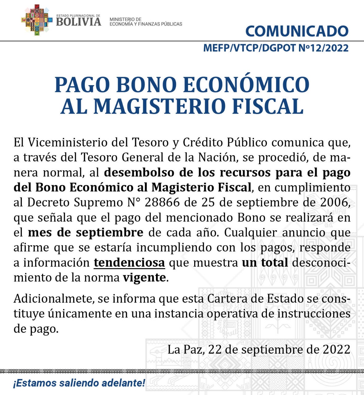 El Gobierno asegura que desembolsó recursos para pagar el Bono Económico al Magisterio Fiscal