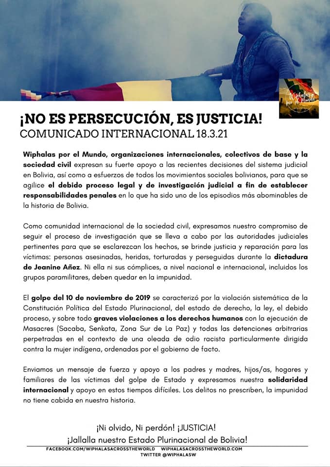 Organizaciones internacionales de Europa, EEUU y Canadá respaldan procesos a exautoridades en Bolivia