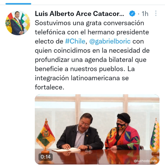 Arce y presidente electo de Chile coinciden en la necesidad de profundizar una agenda bilateral