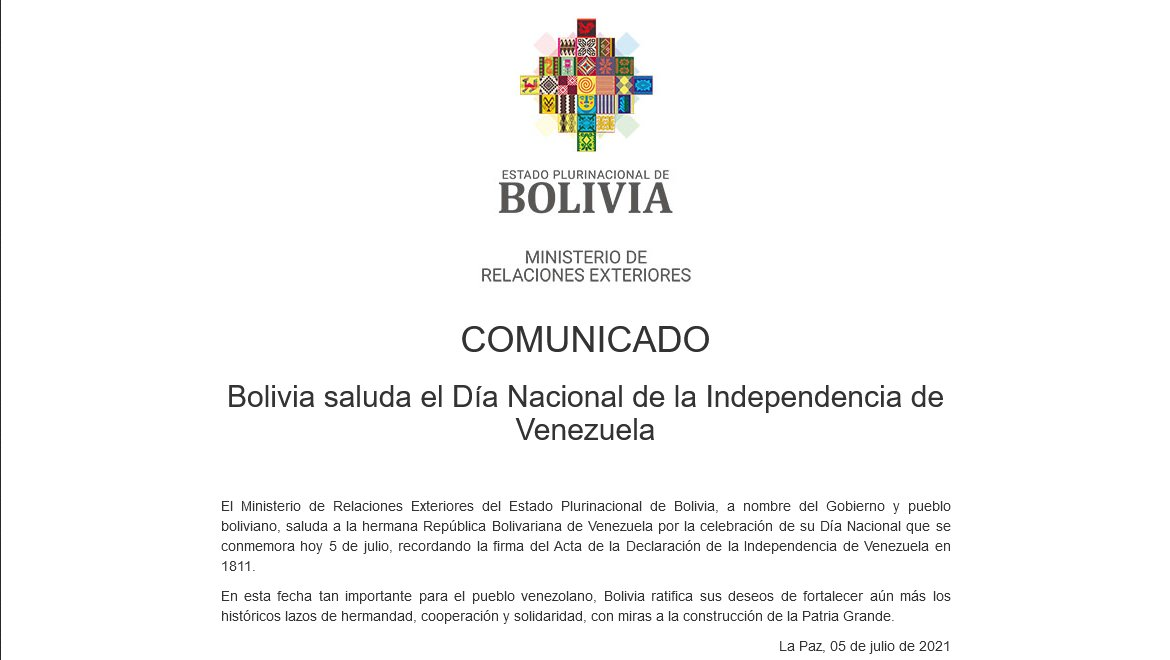 Bolivia saluda el Día Nacional de la Independencia de Venezuela