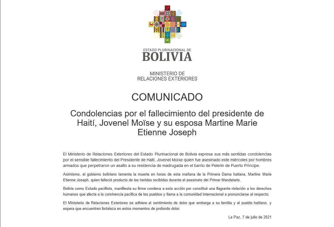 Bolivia condena ataque armado que quitó la vida al Presidente de Haití y a su esposa