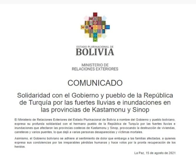 Bolivia se solidariza con Turquía por las fuertes lluvias e inundaciones