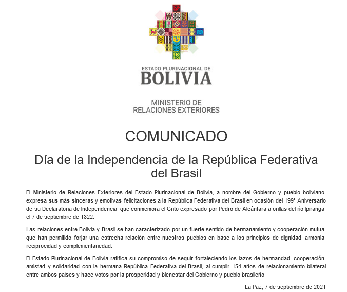 Bolivia felicita a Brasil por el aniversario 199 de Independencia