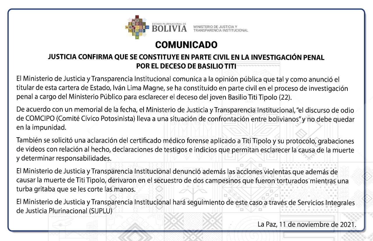 Ministerio de Justicia confirma que se constituye en parte civil en la investigación penal por la muerte de Basilio Titi