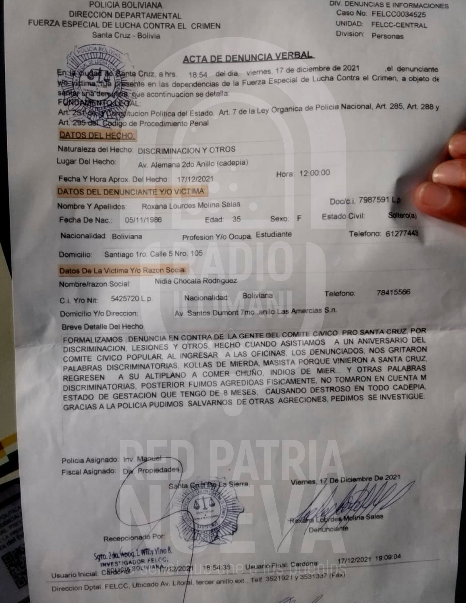 Cocipobol formaliza denuncia contra cívicos por recientes hechos de violencia en Santa Cruz