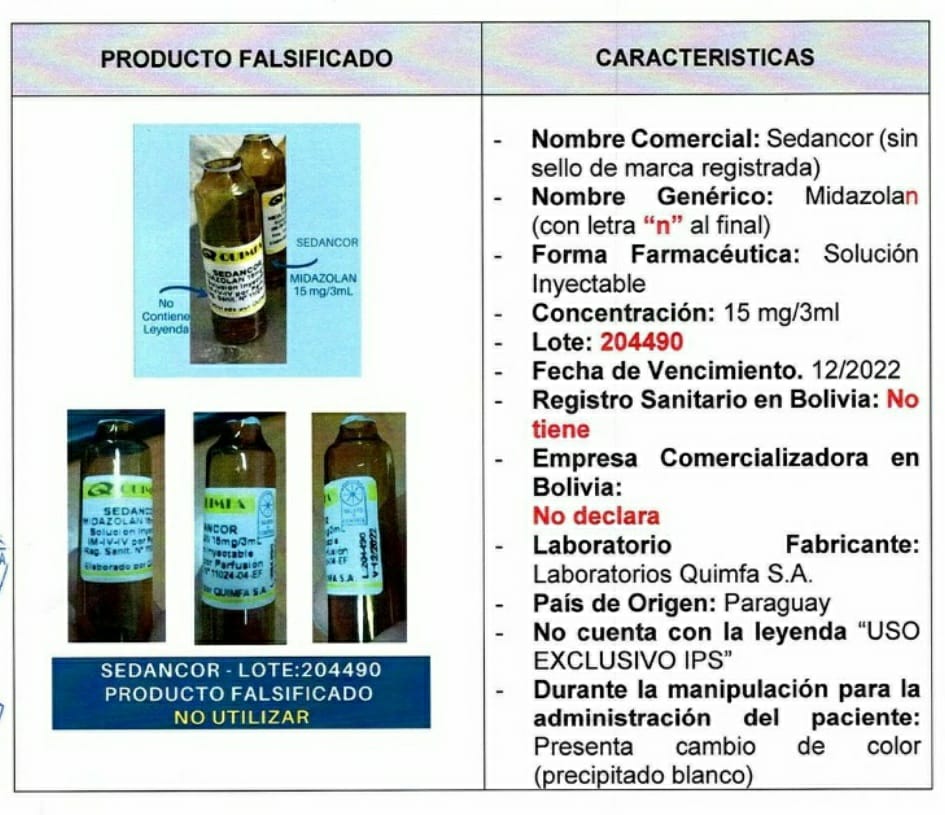 Ministerio de Salud alerta sobre circulación del medicamento Sedancor-Midalozam falsificado