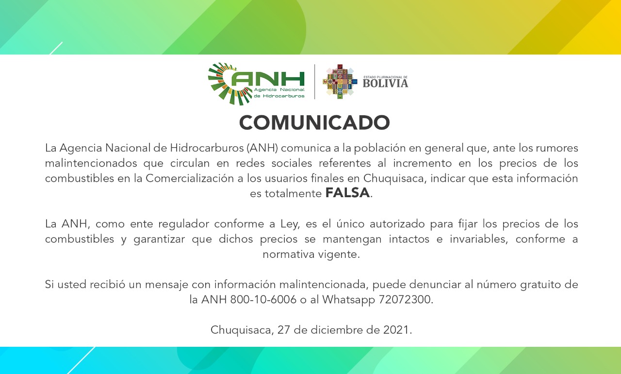 ANH rechaza comentarios falsos sobre incremento del precio de combustibles en Chuquisaca