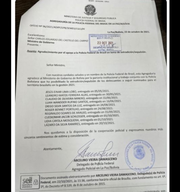Brasil agradece a Bolivia por la extradición o expulsión de 10 personas buscadas por la justicia brasileña
