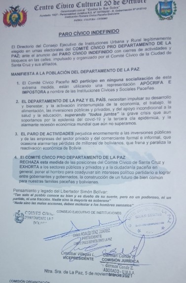 Comité Cívico de La Paz no acatará el paro anunciado por el comité pro Santa Cruz