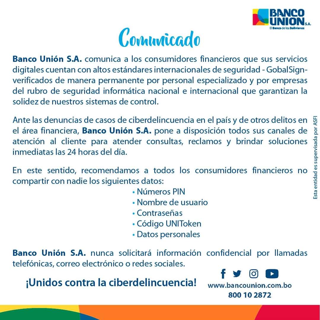 Banco Unión garantiza seguridad de sus servicios digitales y recomienda no compartir información personal