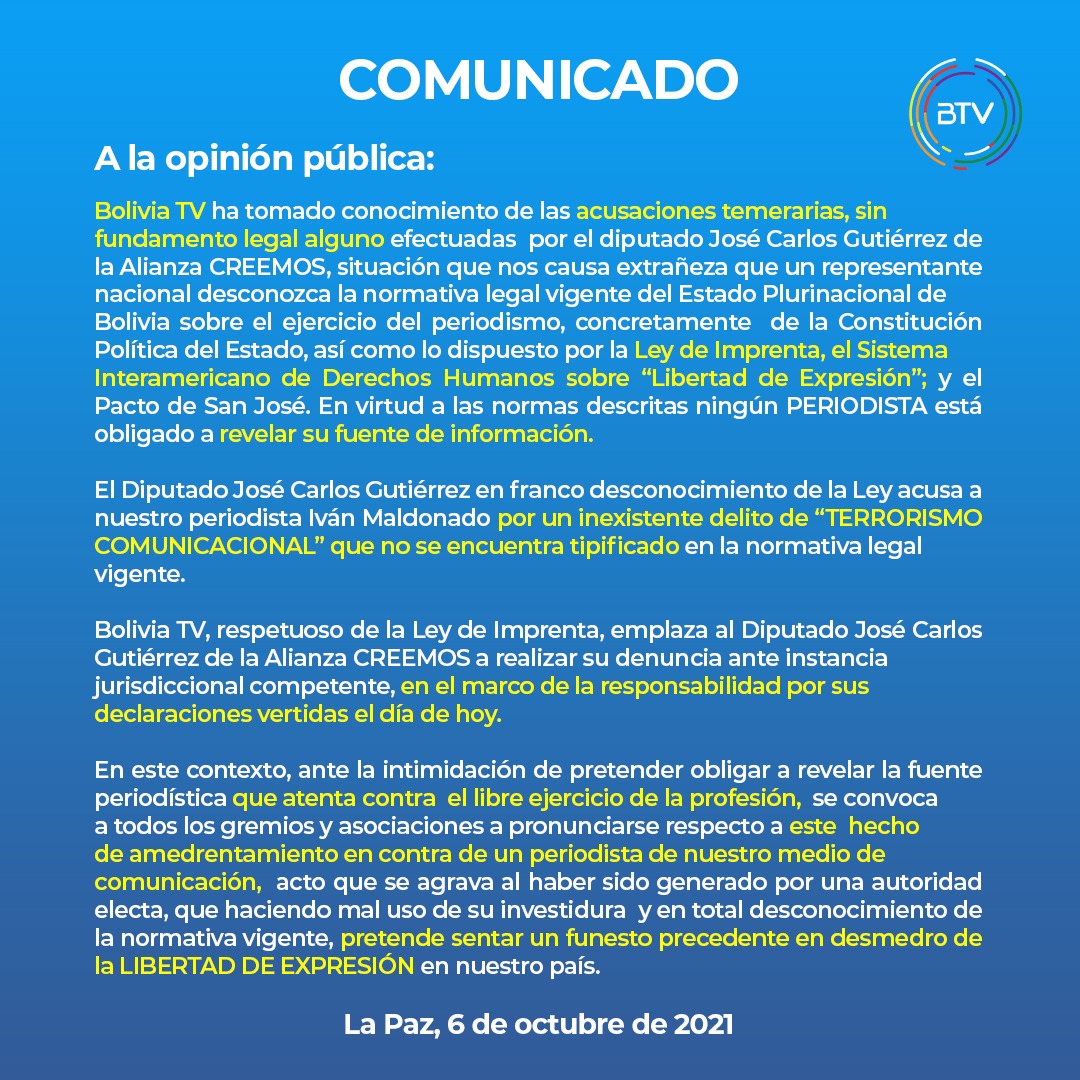 Bolivia Tv denuncia que diputado de Creemos intimida a periodista para que revele fuente y pide a gremios de la prensa pronunciarse