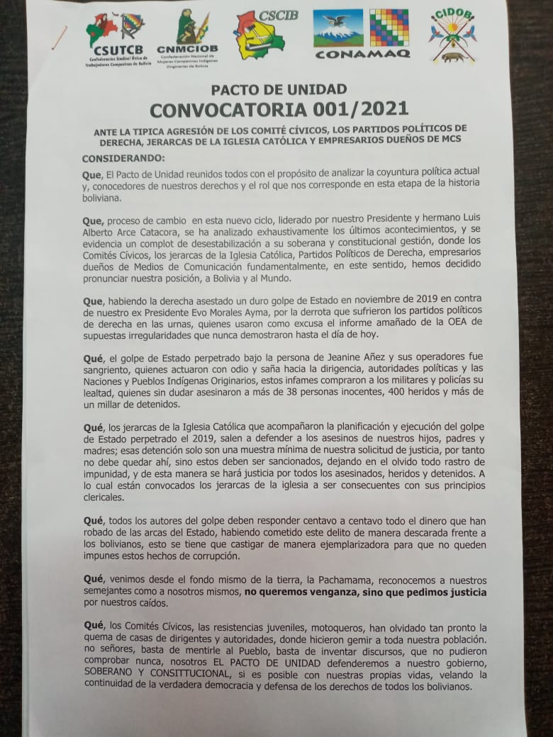 Pacto de Unidad convoca a concentraciones para pedir justicia por las víctimas del golpe de Estado de 2019