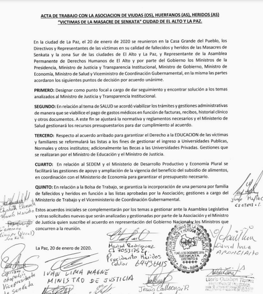 Gobierno logra acuerdo con familiares de víctimas y heridos de las masacres de Senkata y Pedregal