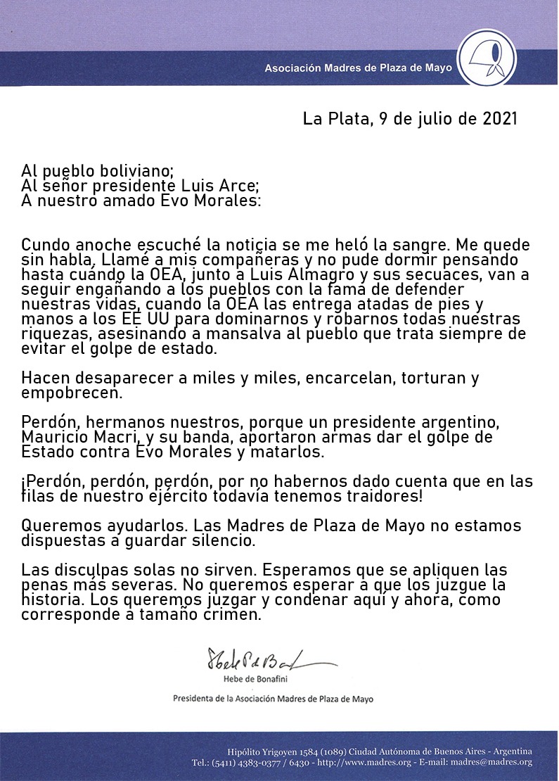 Presidente agradece a las Madres de la Plaza de Mayo por su rechazo al envío de armas que hizo Macri al régimen de Áñez
