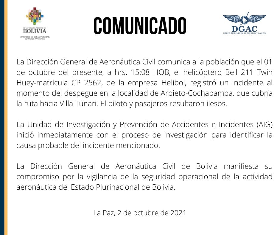 DGAC investiga percance que sufrió helicóptero que transportaba a Evo, Loza y Cronenbold en Cochabamba