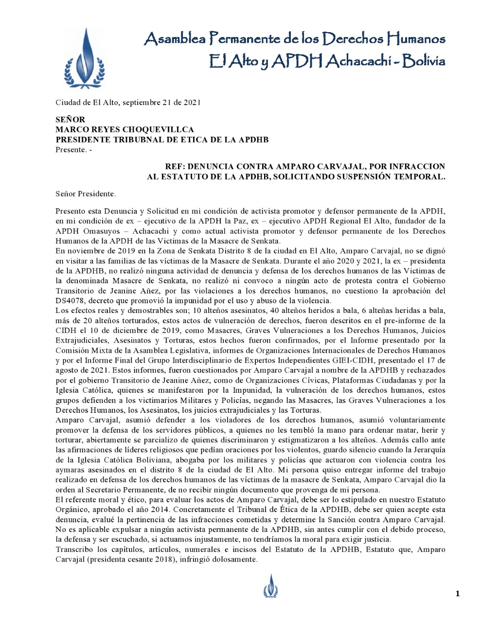 Presentan denuncia contra Amparo Carvajal por infracción al estatuto de la APDHB