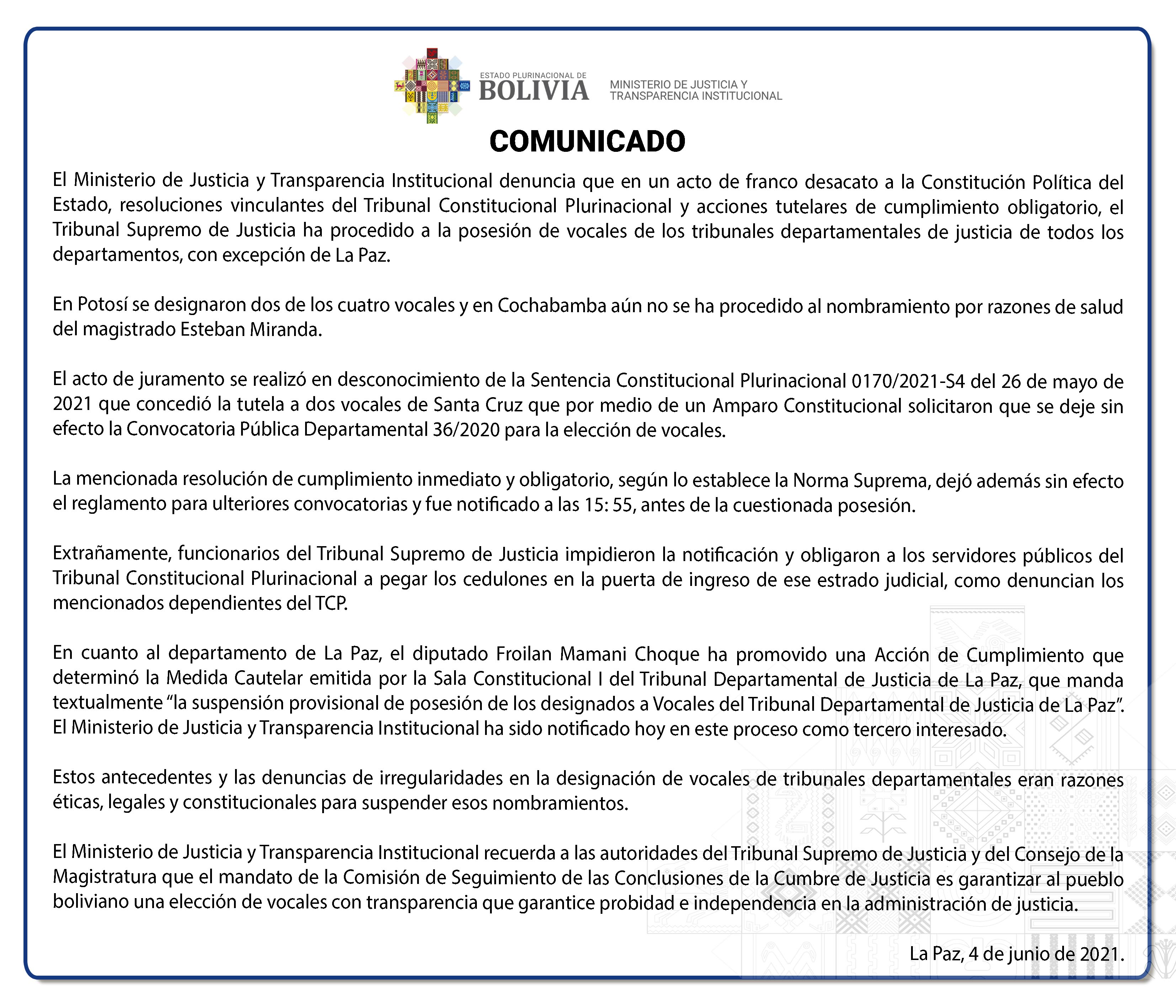 Justicia denuncia que el TSJ cometió un acto de desacato a la CPE al posesionar a vocales departamentales