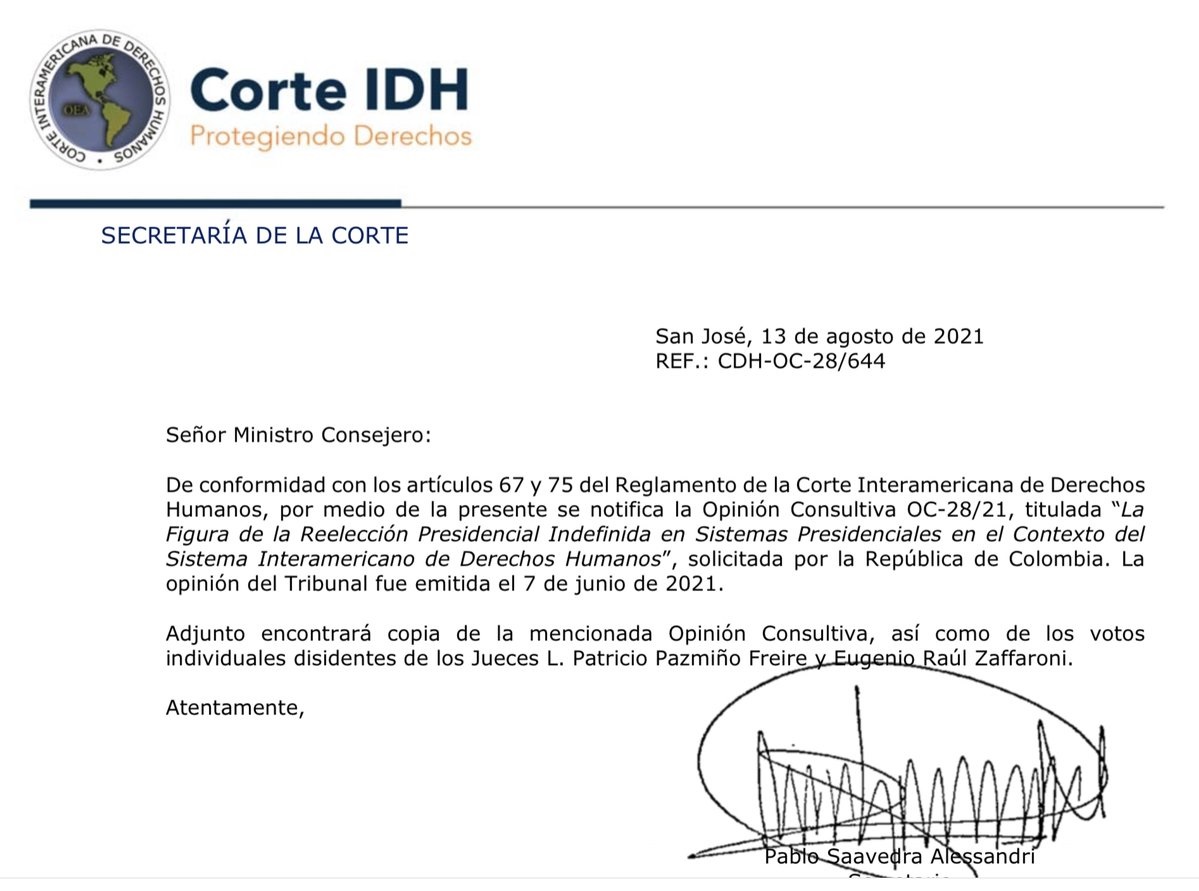 Corte-IDH notifica al Gobierno sobre opinión consultiva del tema reelección