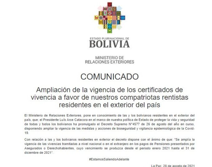 Amplían vigencia de certificados de vivencia para rentistas bolivianos que residen en otros países