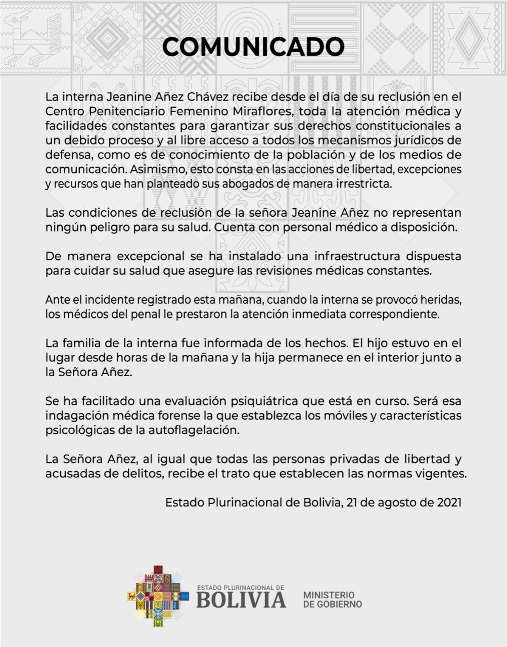 Gobierno: Áñez recibe, desde el día de su reclusión, atención médica y facilidades para garantizar sus derechos en el marco de la Ley