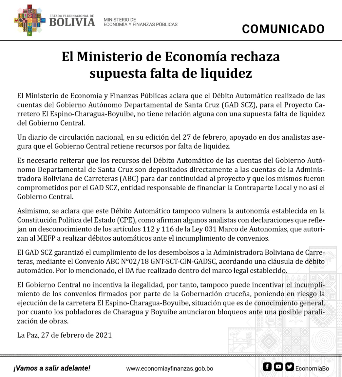 Economía asevera que débito automático en proyecto vial de Santa Cruz no tiene relación con supuesta falta de liquidez estatal
