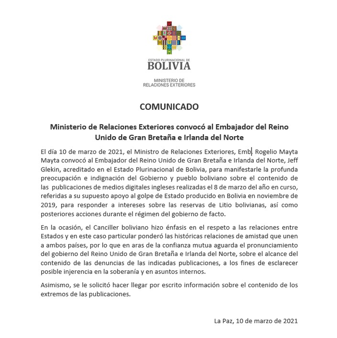 Bolivia aguarda el pronunciamiento del gobierno del Reino Unido de Gran Bretaña sobre supuesta injerencia