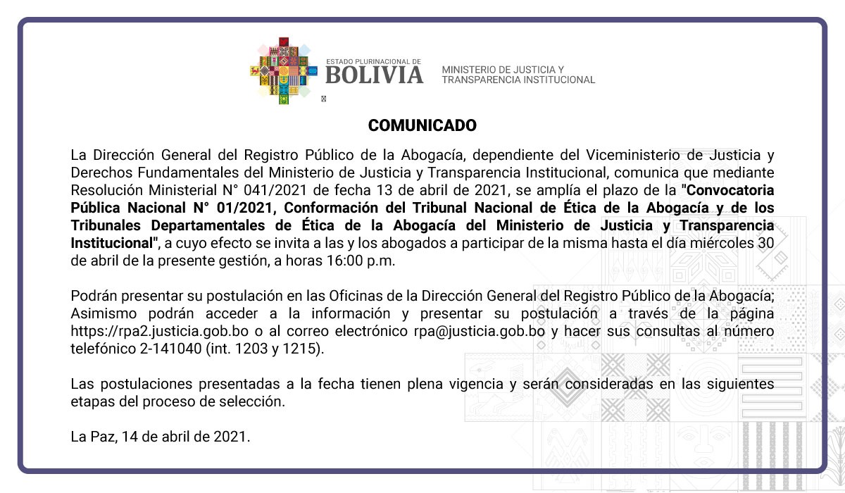 Ministerio de Justicia amplía plazo para inscripción de postulantes a tribunales de ética