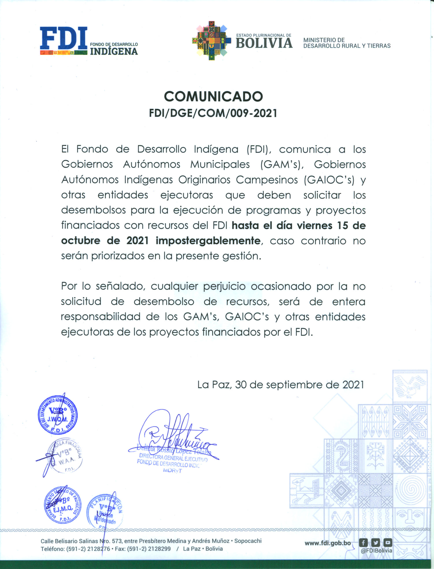 FDI insta a municipios y entidades ejecutoras de proyectos a solicitar sus desembolsos financieros