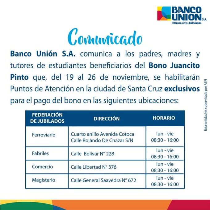 Banco Unión habilita cuatro puntos exclusivos en Santa Cruz para el pago del Bono Juancito Pinto