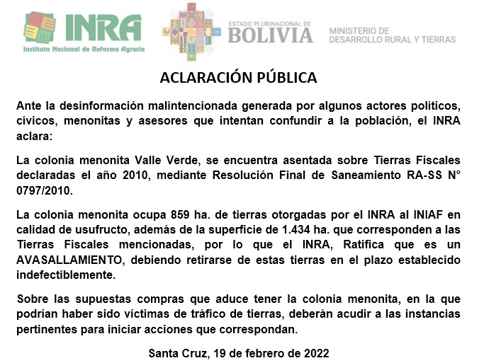INRA ratifica que la colonia menonita Valle Verde está asentada sobre tierras fiscales