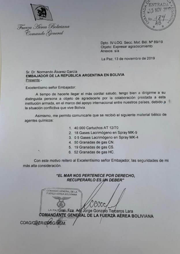FAB certifica existencia en sus archivos de carta enviada por Terceros a exembajador de Argentina por material bélico (adelanto)