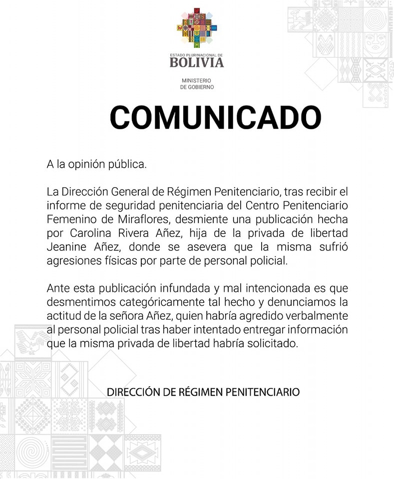 Dirección de Régimen Penitenciario desmiente denuncia sobre agresión contra Áñez en el Centro Penitenciario Femenino de Miraflores