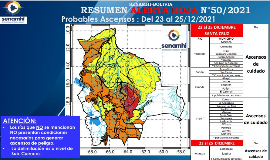 ABI Senamhi emite alerta roja para cinco r os de Santa Cruz que