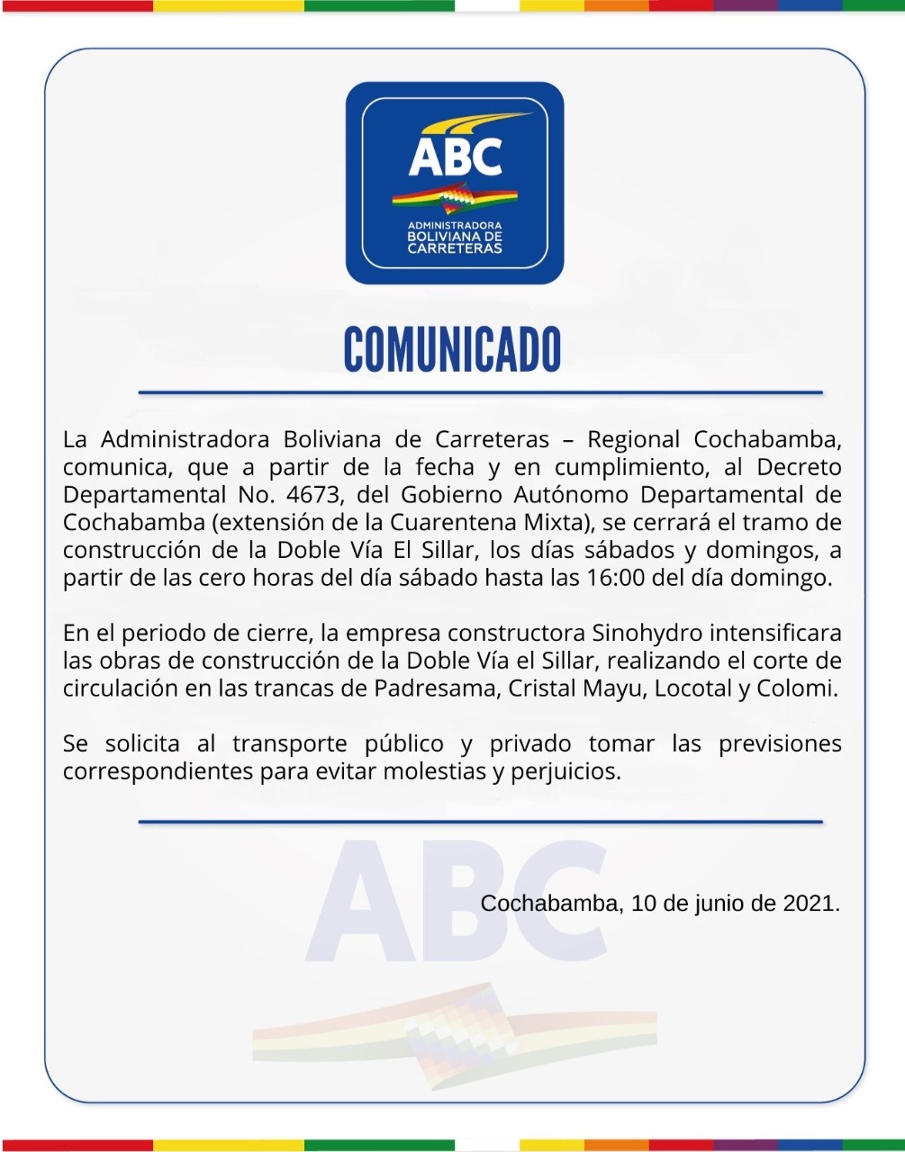 ABC cerrará tramo en construcción de la doble vía El Sillar dos fines de semana por cuarentena rígida en Cochabamba