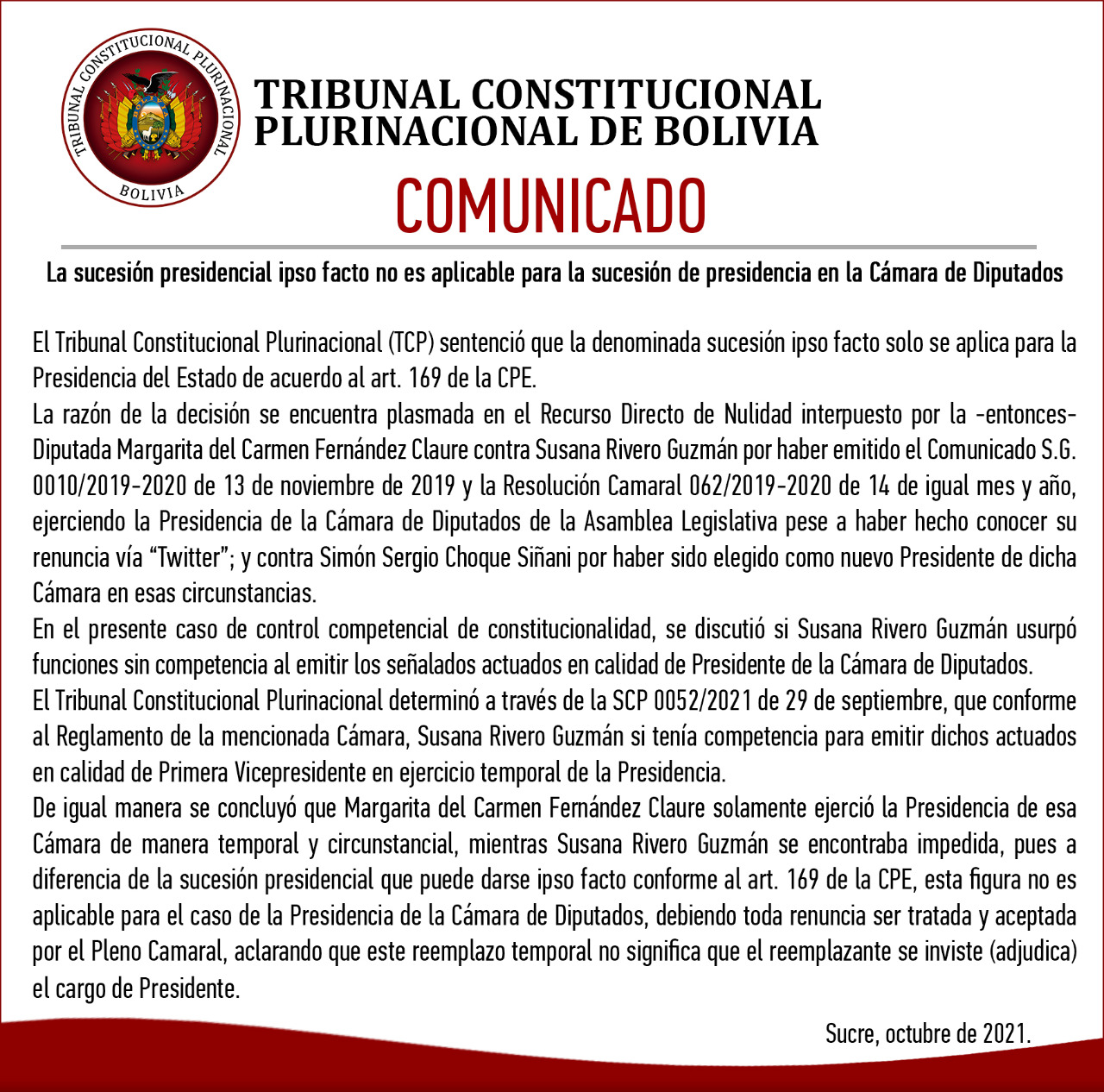 Sentencia del Tribunal Constitucional ratifica que en 2019 no hubo “vacío de poder” por lo que la “sucesión” de Áñez fue inconstitucional