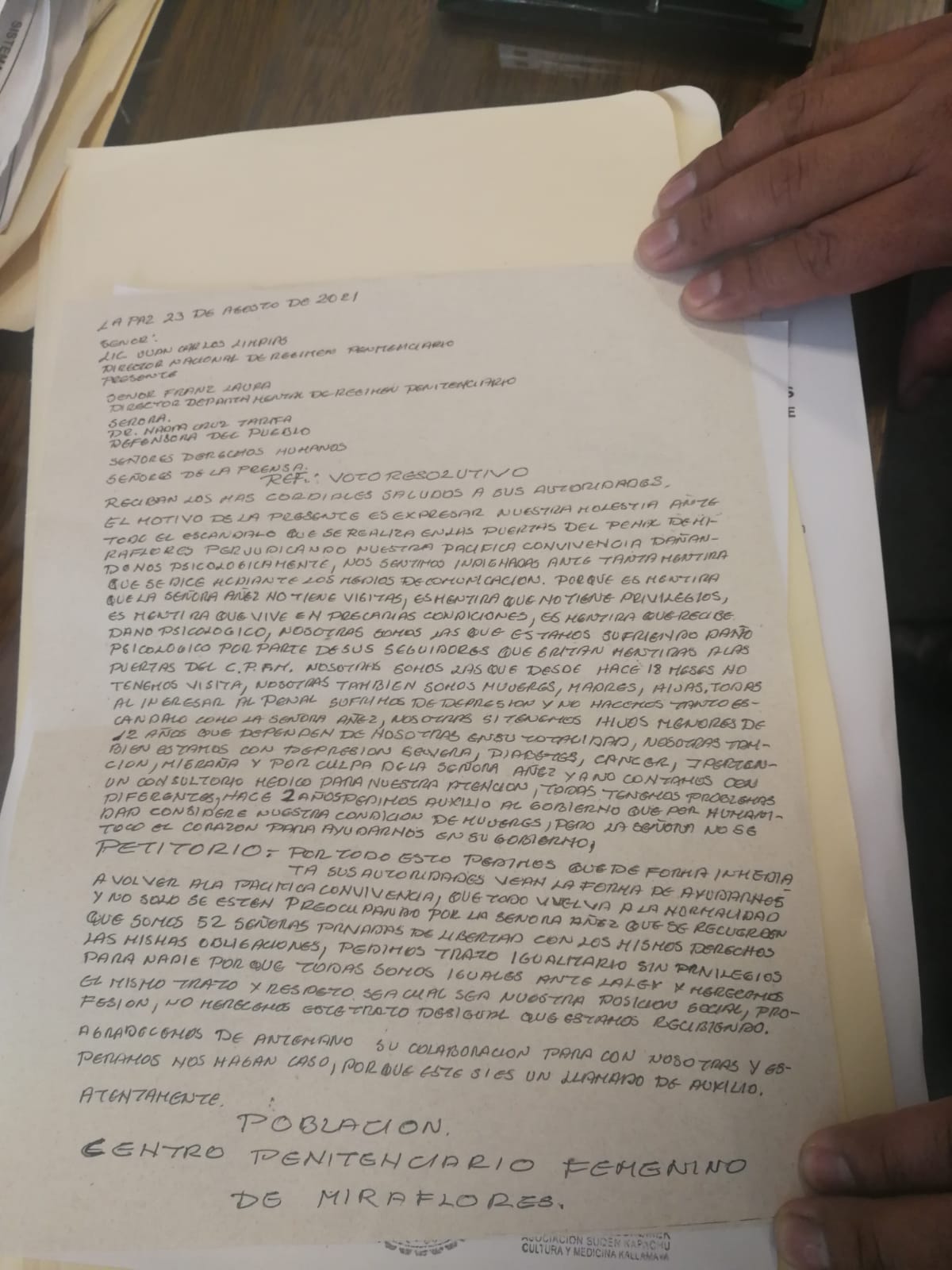 Reclusas de la cárcel de Miraflores emiten voto resolutivo pidiendo trato igualitario y eliminación de privilegios de Áñez