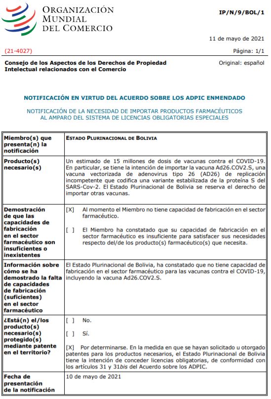Notifican a miembros de la OMC sobre el uso del mecanismo de licencias obligatorias que hizo Bolivia