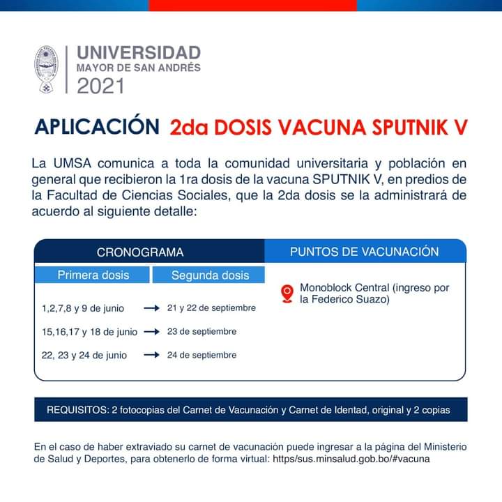 ABI - UMSA comunica que segunda dosis de la Sputnik V se aplicará desde  este 21 de septiembre en el Monoblock