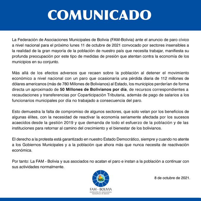 FAM- Bolivia rechaza paro cívico de “élites” y advierte que por día los municipios perderán Bs 50 millones