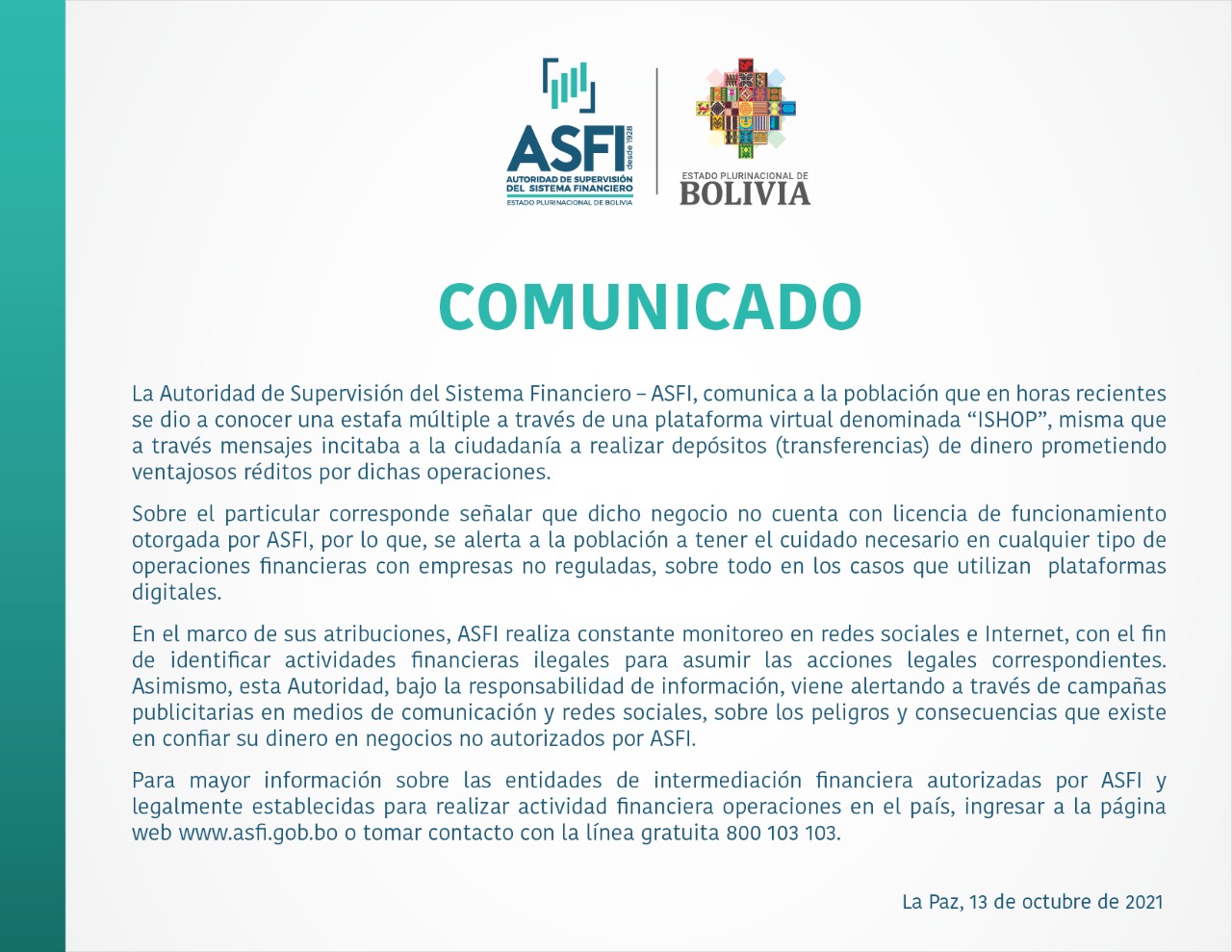 ASFI alerta que “ISHOP” no cuenta con autorización para captar depósitos