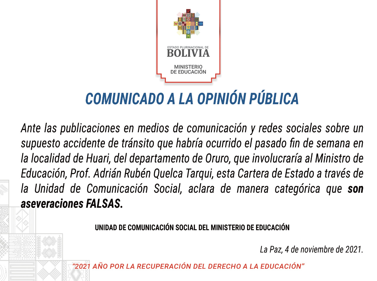 Ministerio de Educación desmiente accidente de tránsito que involucra al ministro Quelca