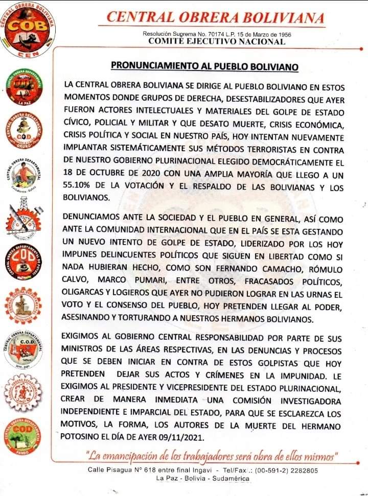 COB exige esclarecer la muerte de un campesino en Potosí y advierte intento de golpe