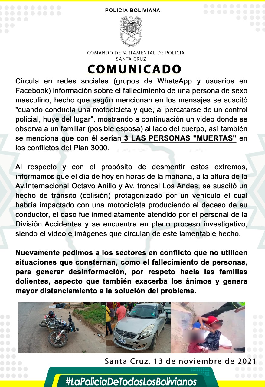 Policía rechaza campaña de desinformación y desmiente fallecimiento de tres personas en conflictos en el Plan 3.000