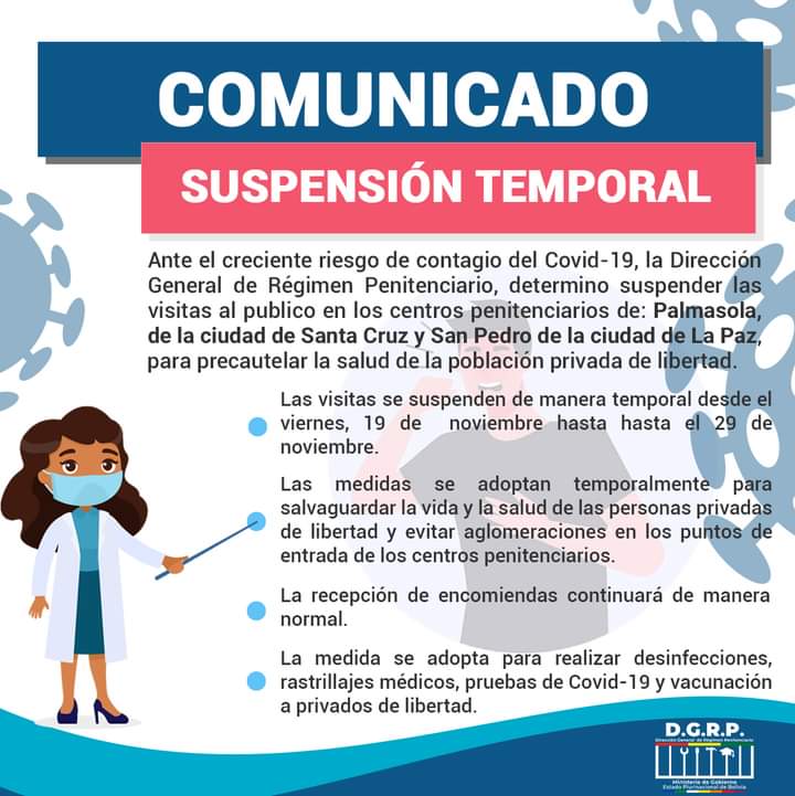 Régimen Penitenciario encapsula recintos de La Paz y Santa Cruz por el incremento de casos de COVID-19