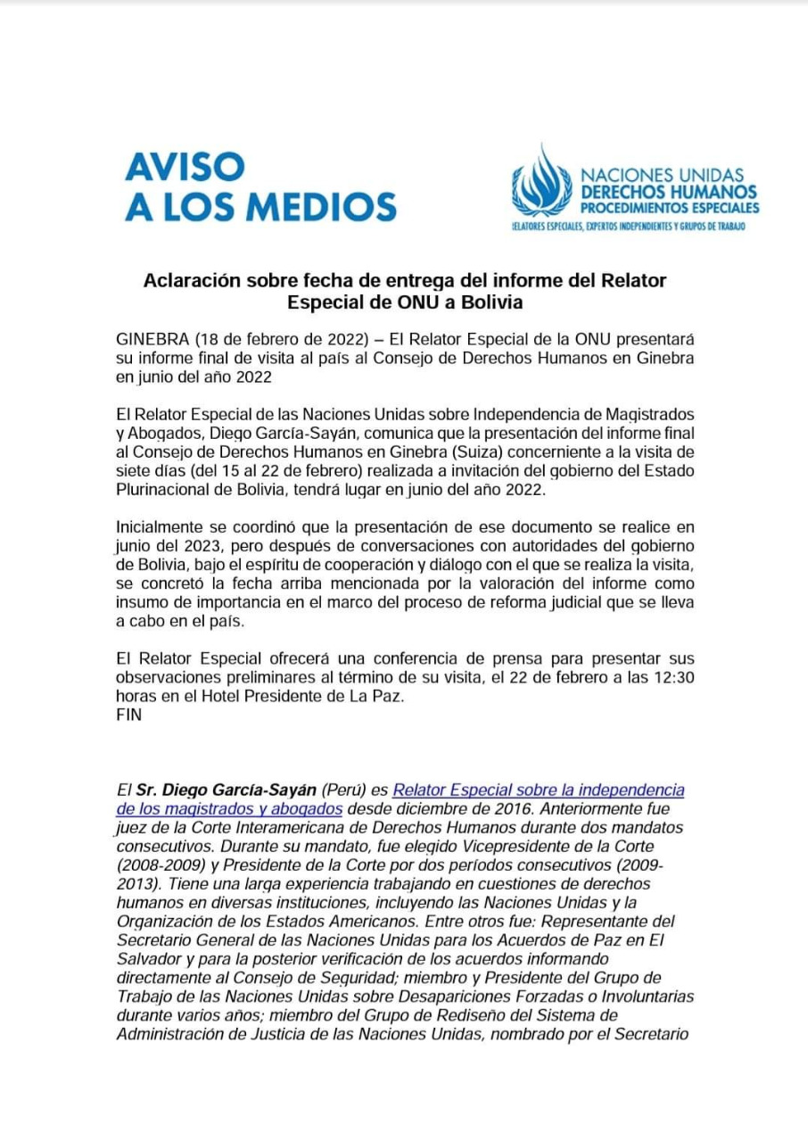 Relator especial de la ONU adelanta presentación de informe sobre la justicia en Bolivia para junio