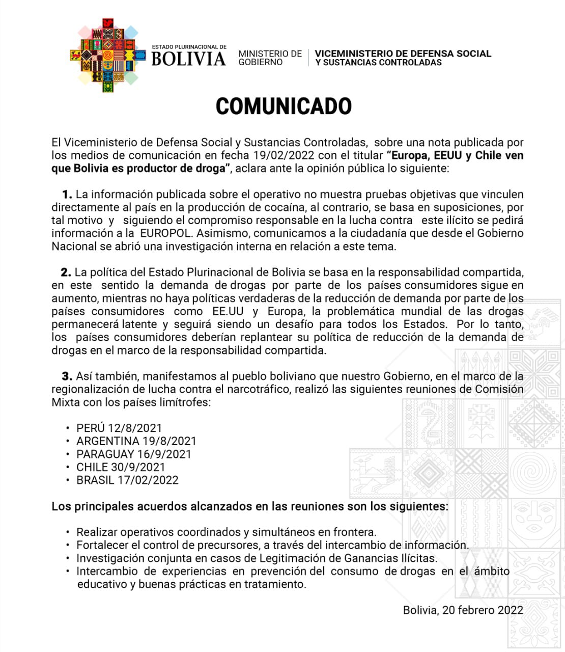 Gobierno indica que publicación sobre el tráfico de droga se basa en “suposiciones”