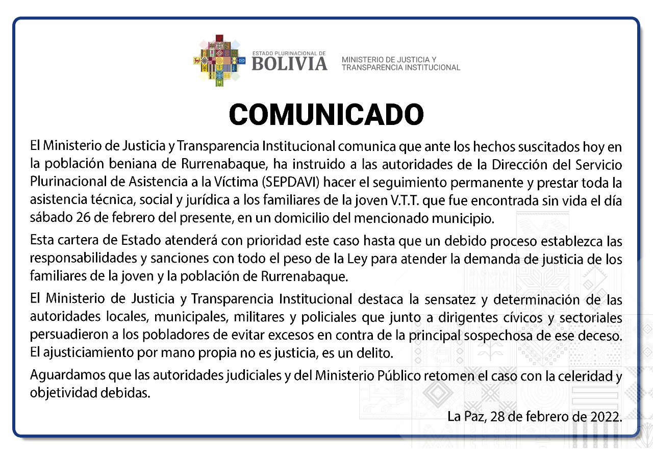 Sepdavi dará asistencia a familia de adolescente que perdió la vida en Rurrenabaque