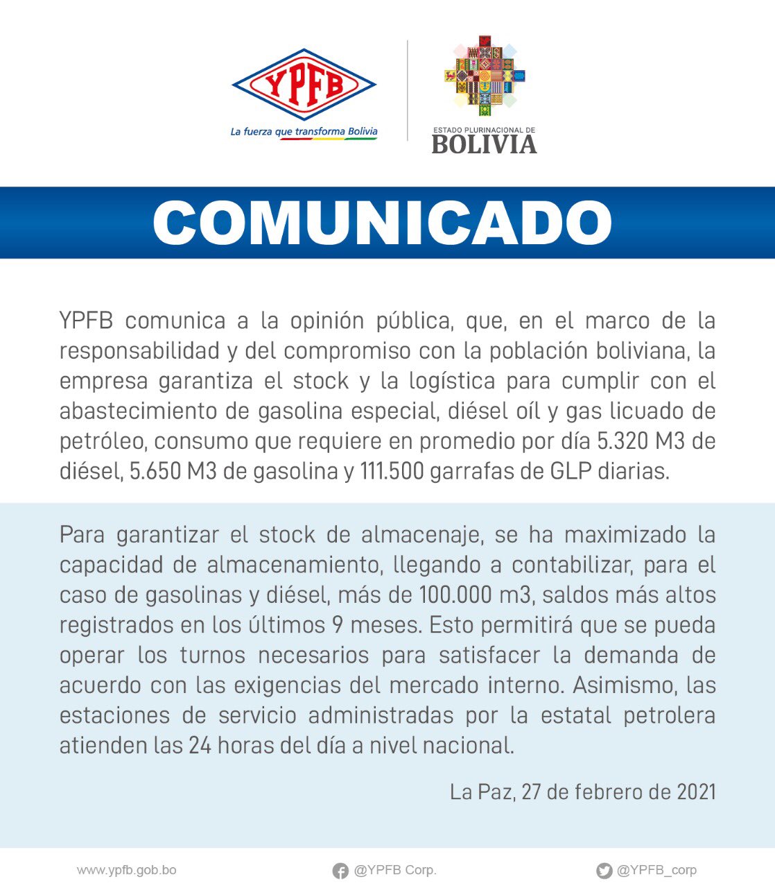 YPFB garantiza abastecimiento de gasolina especial, diésel oíl y gas licuado de petróleo
